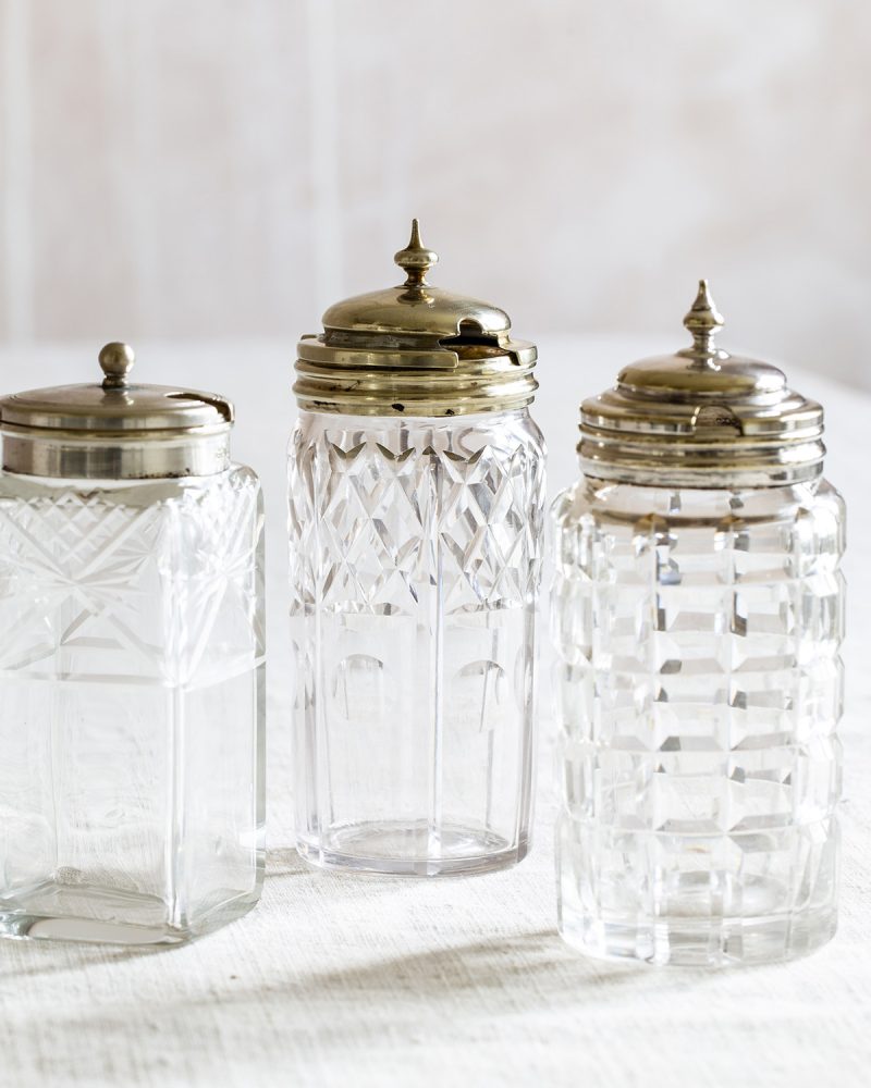 Antique Glass Mustard Pots with EPNS Silver-Plated Flip-Top Lids