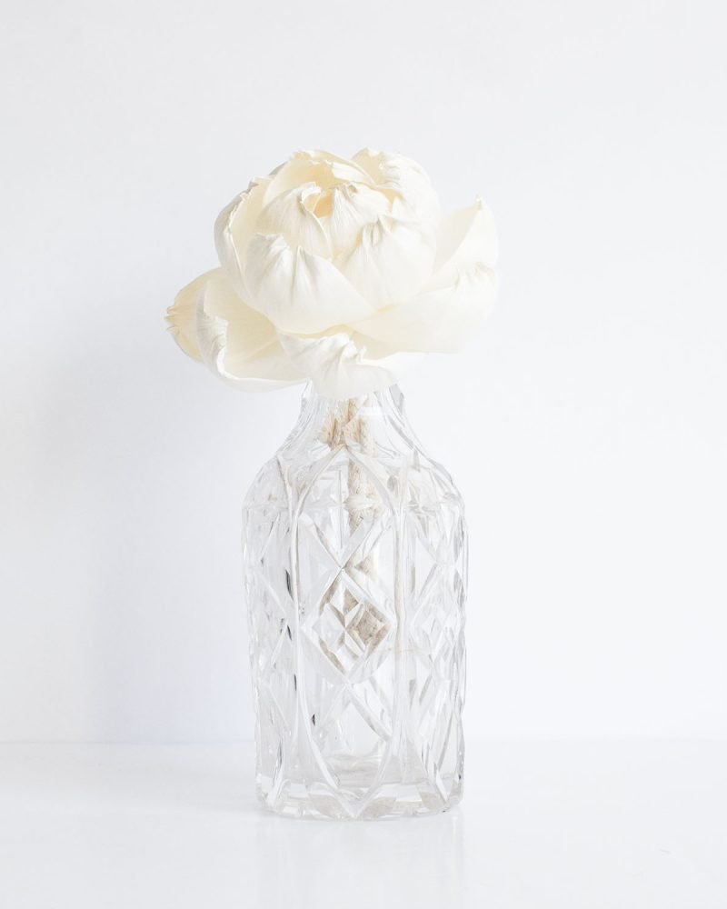 Antique cut glass diffuser bottle with large handmade Peony diffuser flower