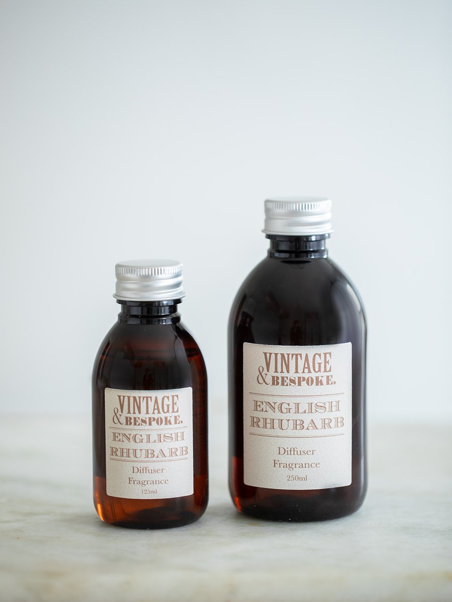 English Rhubarb diffuser fragrance refill bottles on a light background