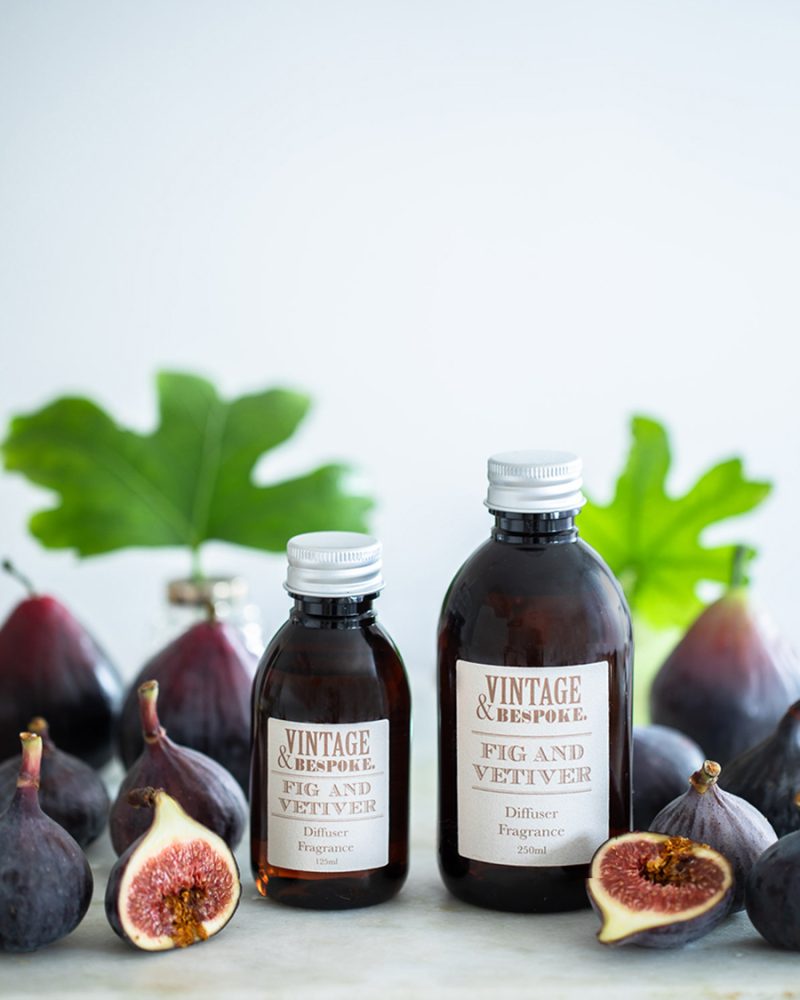 Fig & Vetiver diffuser fragrance bottles with fresh figs – Vintage & Bespoke