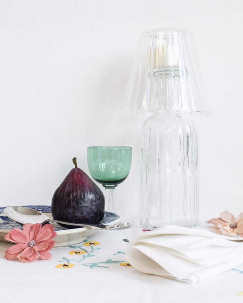 Glass Tea Light Lantern Set styled on a summer dining table with vintage tableware and candlelight