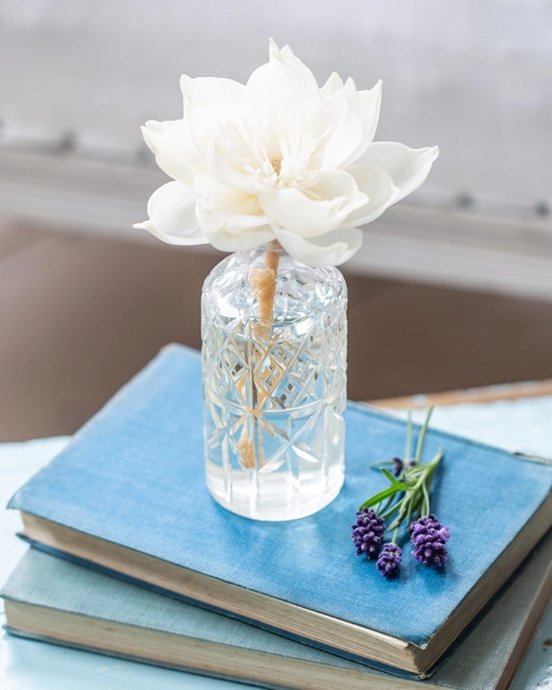 Medium vintage cut glass diffuser bottle with handmade diffuser flower