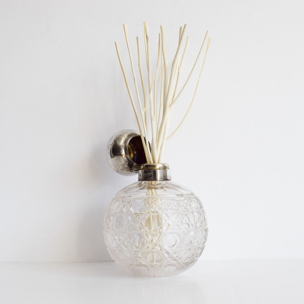 Edwardian cut glass reed diffuser with natural branched reeds and an original silver flip-top lid