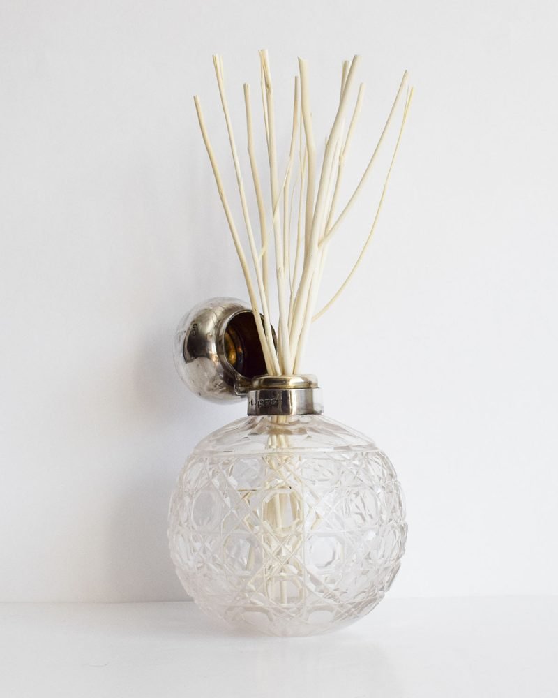 Edwardian cut glass reed diffuser with natural branched reeds and an original silver flip-top lid