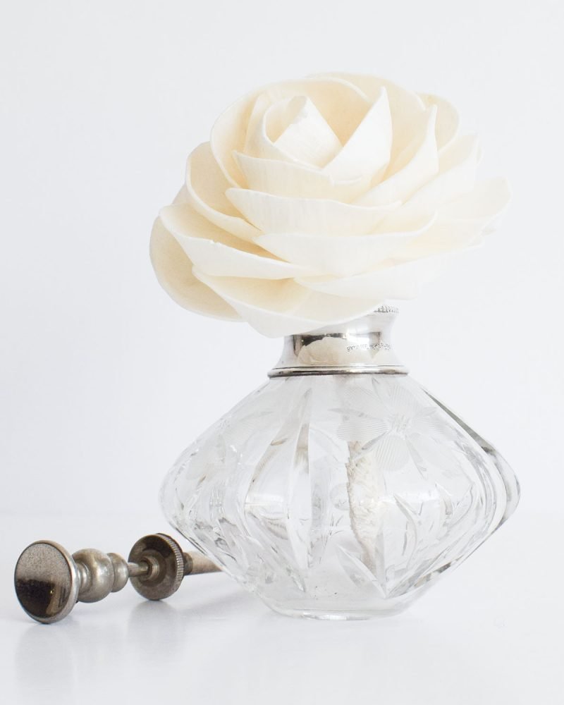 Vintage etched glass diffuser bottle with sterling silver collar and medium Camellia flower